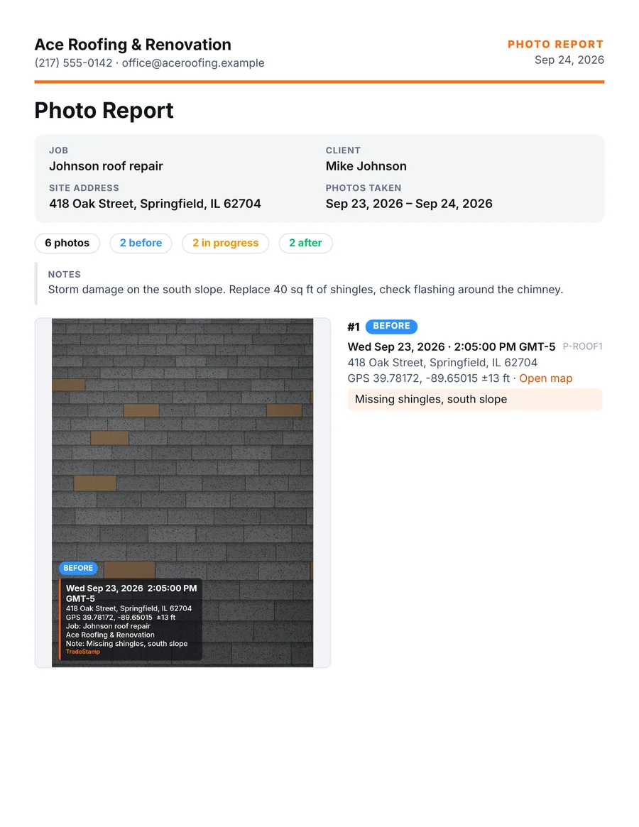 First page of a TradeStamp photo report with company header and job details