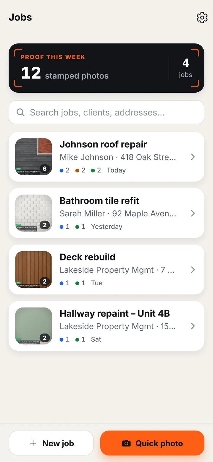 Jobs list with a weekly proof counter and job folders