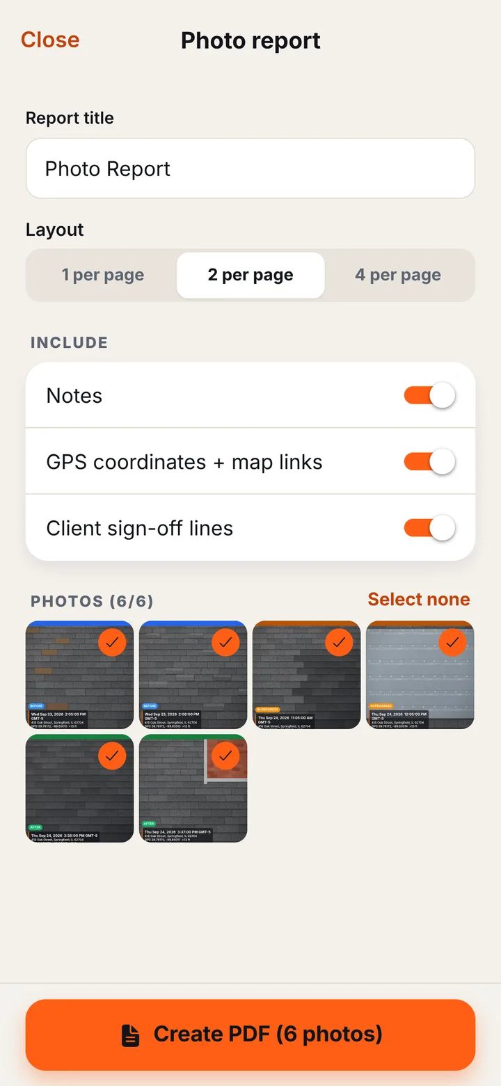 Report screen with layout options and selected photos